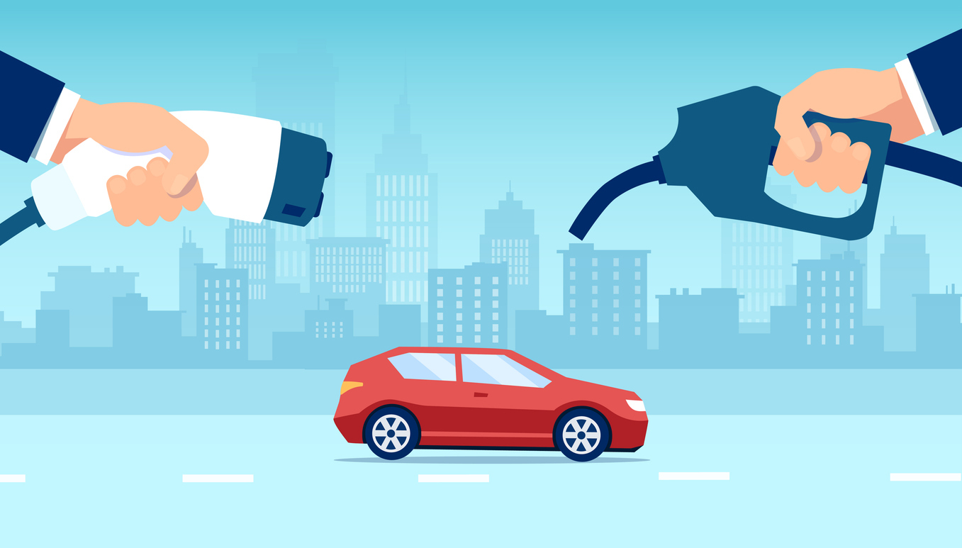 Illustration of a car with a plug and fuel pump shown on either side, indicating the choice to be made between electric, hybrid and traditional fuel cars